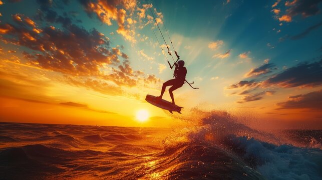 Kiteboarder making a high jump, kite in the vivid sky, action-packed and vibrant