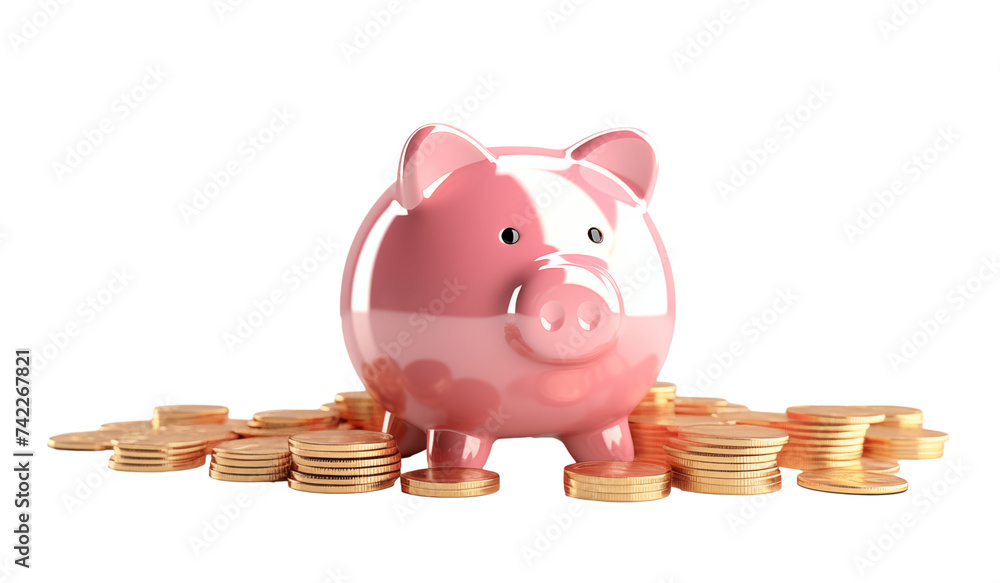 Wall mural pink piggy bank with gold coins