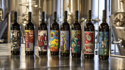 A set of bottles lined up on a stainless steel table in the winery each one filled with a different type of wine. The labels are handwritten and feature colorful illustrations.