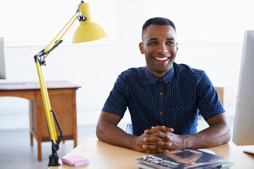 Thinking, business and black man with smile, professional or entrepreneur with startup or PR...