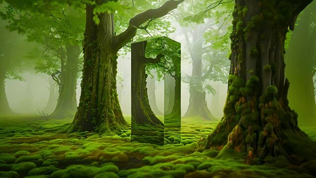 Tracking a mirrored monolith in the mossy green Olympic Rainforest of the Pacific Northwest on a foggy morning
