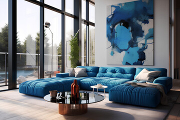 A contemporary living room with 3D-rendered, realistic blue sofa as the focal point, surrounded by modern decor and natural lighting.