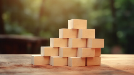Stacking of blank wooden cubes on table with copy space for input wording and infographic icon