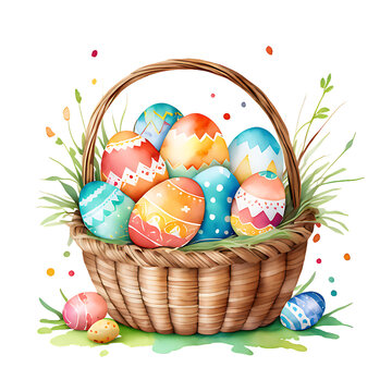 Easter eggs on basket watercolor transparent PNG photo