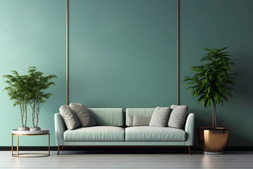 A modern interior design showcasing a chic sofa, potted green plants, an elegant table, and a trendy lamp in a well-lit living room.3d rendering.