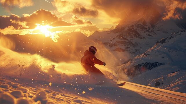 Snowboarder carving through pristine snow, mountain panorama at golden hour