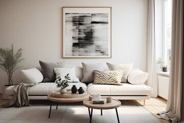 A Scandinavian-inspired setting with a light-colored fabric sofa surrounded by simple yet stylish decor.