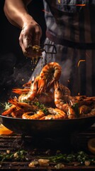 Fototapeta premium Close-up the chef prepares a delicious hot dish with tiger prawns, lemon and herbs in a plate on a black background. Gourmet food, Seafood.