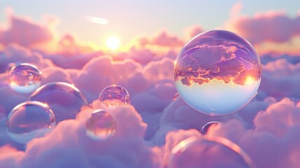 Reflective bubbles hover over a serene pastel purple and pink cloudscape.