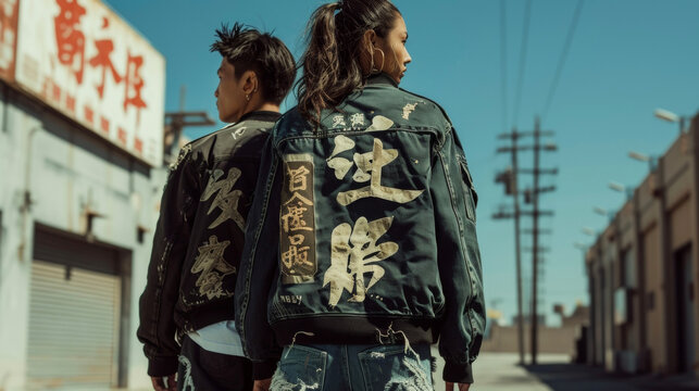 A statement bomber jacket with bold Chinese characters emblazed on the back paired with distressed denim for an urban and trendy East meets West look.