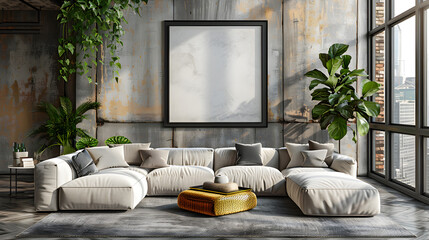 modern living room interior with beige wall, gray and wooden furniture and tropical plants with palm leaves,