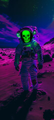 Spaceman with Neon Green Skull in Helmet: Night Adventure
