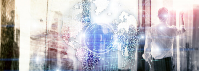 3D earth hologram, Globe, WWW,Global Business and Telecommunication. Website Banner