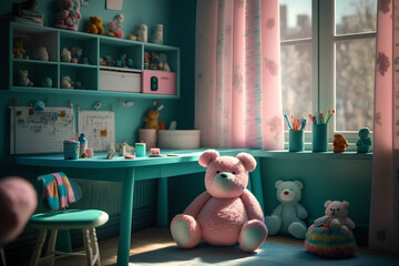 A turquoise and pink children's room adorned with fluffy stuffed animals, a vibrant study desk, and an array of colorful toys. The sunlight streaming through the window highlights the cheerful ambianc