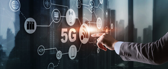 Fototapeta na wymiar 5G Network Wireless Internet concept. Man touching 3D icon 5G