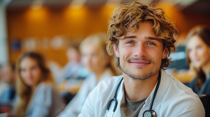 Doctor, Portrait of a smiling young doctor on seminar board room or during an educational class. - obrazy, fototapety, plakaty