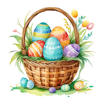 Easter eggs on basket watercolor transparent PNG photo