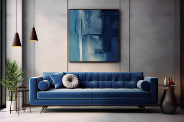 A virtual interior showcasing a 3D-rendered royal blue sofa set against a backdrop of muted tones and artistic wall decor.