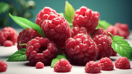 A Ripe red raspberries with green leaves, generative AI