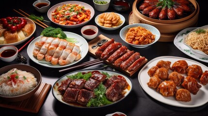 Close-up of a lot of delicious food on the gourmet restaurant table. - obrazy, fototapety, plakaty