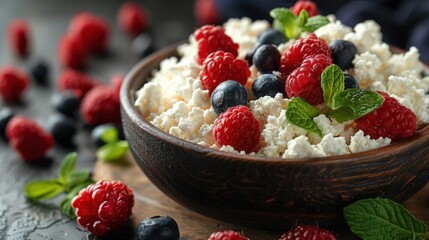 Bowl of Cottage Cheese With Berries and Mint - obrazy, fototapety, plakaty