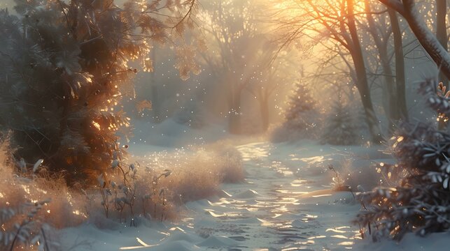 Serene winter wonderland: snowy path surrounded by trees at sunset. calm and peaceful scenery. ideal for holiday backdrops. AI