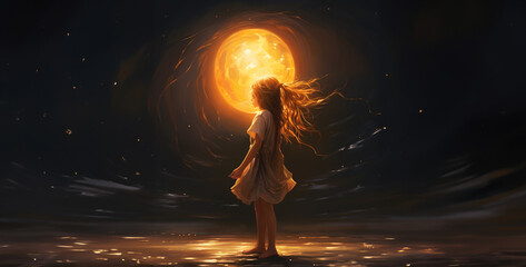 Fantasy illustration of a young woman in a long dress standing in the middle of an electric light bulb.Beautiful woman with long hair at the full moon. 3d rendering