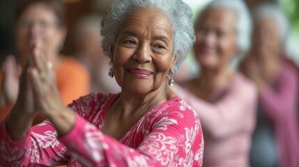 A diverse group of seniors dressed in comfortable exercise clothes learning a choreographed dance routine in a community center dance class.