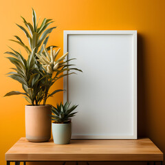 White Photo Frame Mockup on Yellow Wall with Plants in Vases. Blank Poster Frame