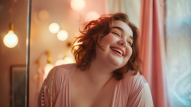 Portrait of a joyful young woman in a cozy room. candid smiling female. indoor lifestyle photo with warm tones. casual and relaxed atmosphere. positive body image representation. AI