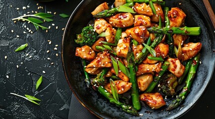 Stir fry with chicken and asparagus. Chicken stirfry. Chinese food. - obrazy, fototapety, plakaty