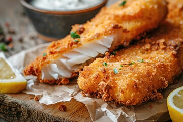 Breaded and fried fish fingers served with remoulade sauce and lemon - obrazy, fototapety, plakaty