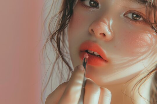 Beautiful woman applying lipstick