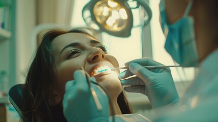 Female patient receiving dental care from dentist in clinic. professional dental checkup. modern healthcare services. AI - obrazy, fototapety, plakaty