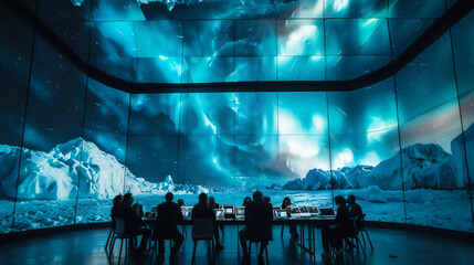 business meeting in a room with transparent walls, which conveys the atmosphere of the south pole - obrazy, fototapety, plakaty