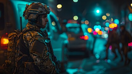 Fototapeta premium Silent guardian amidst the city lights. soldier in camouflage gear watching over nighttime streets. urban safety and protection. AI
