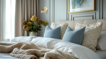 White Comforter Bed With Blue Pillows