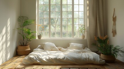 Bed Below Window With Potted Plant