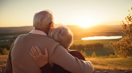 A couple of seniors sharing a loving embrace as they watch the sun set over the rolling hills of their favorite golf course.