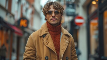 Fototapeta premium Man in Trench Coat Walking Down Street