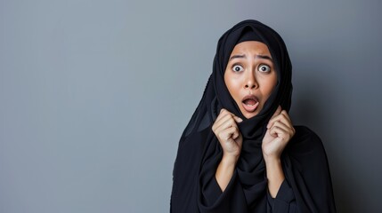 The candid expression of a young Malay Muslim woman with a shocked facial expression, captured her genuine surprise or disbelief. Generative AI technology