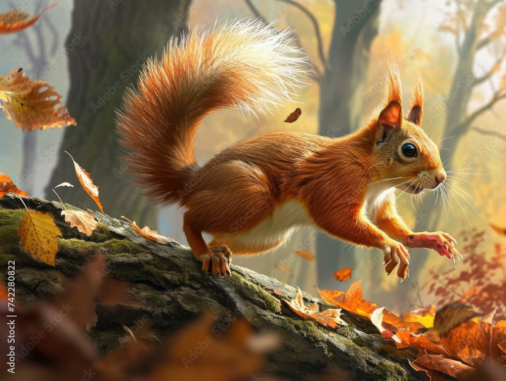 Poster a squirrel is running through the forest in the fall. generative ai.
