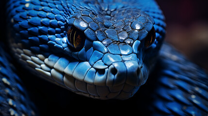 A blue snake with a black eye and a yellow spot on the eye - obrazy, fototapety, plakaty