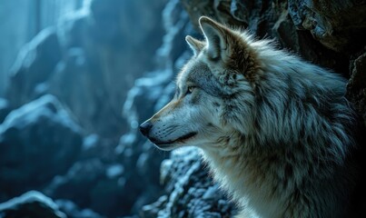 A wolf is sitting on a rock in the dark. Generative AI. - Powered by Adobe