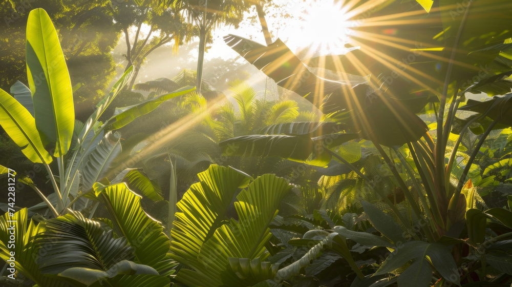 Poster the suns rays trate through the lush g leaves creating a stunning display of light and shadow.