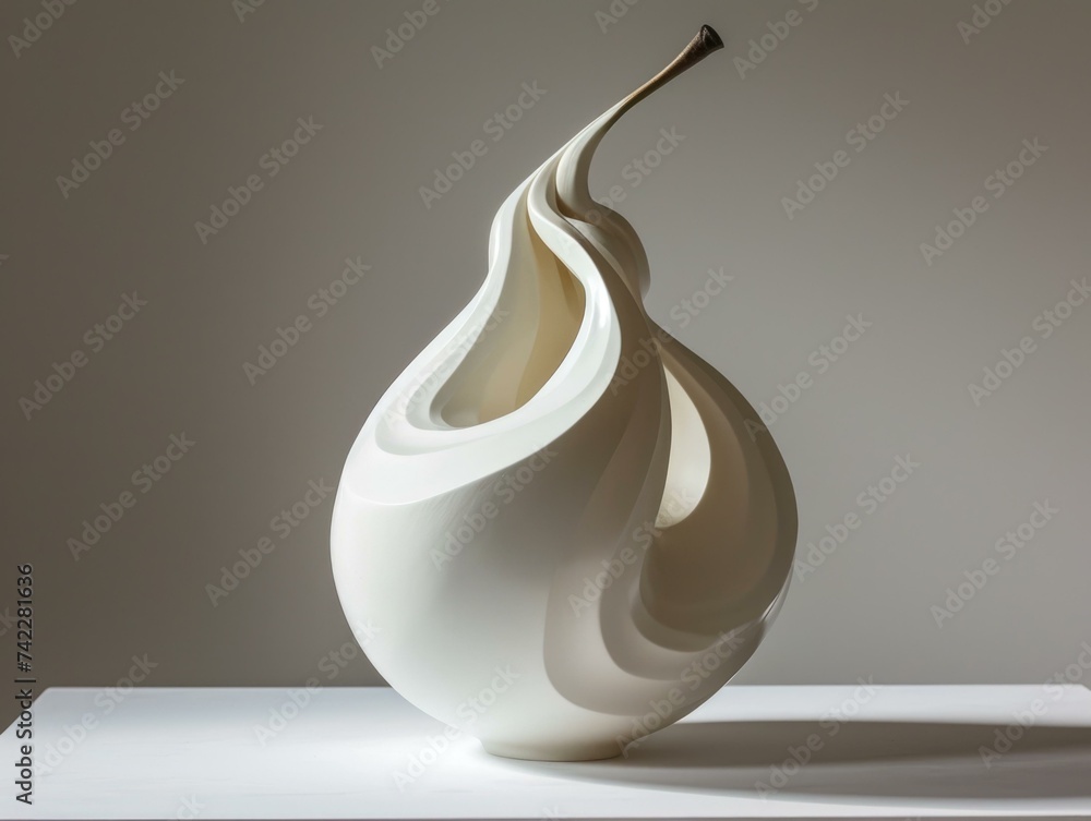 Poster a white vase with a curved shape on top. generative ai.