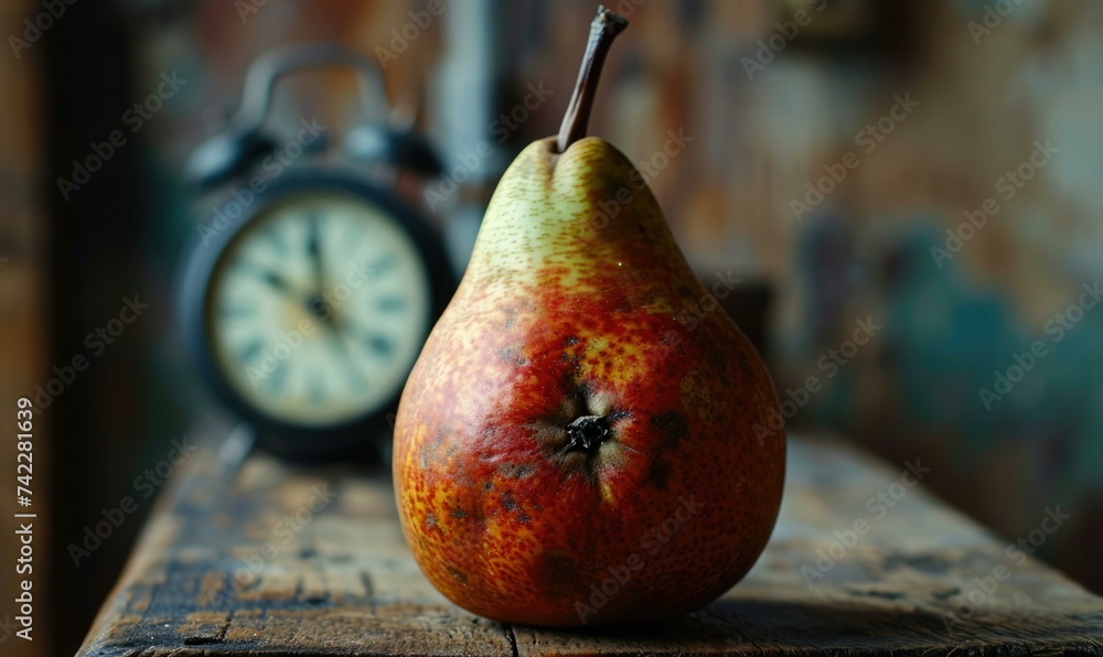 Poster a pear on a table next to an old clock. generative ai.