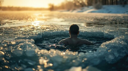A man is swimming in the cold water at sunset. Generative AI.
