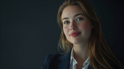 Confident young businesswoman in a dark office setting, portrait with soft lighting. professional look and feel, corporate style. AI