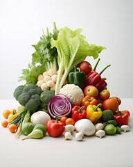 A pile of vegetables and fruits on a white surface. Generative AI. © sergio